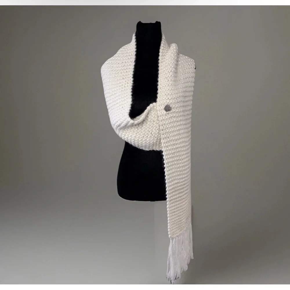 Charter Club Alpaca Blend Knit Scarf Long Ivory Fringe Button Boho Classic Prep